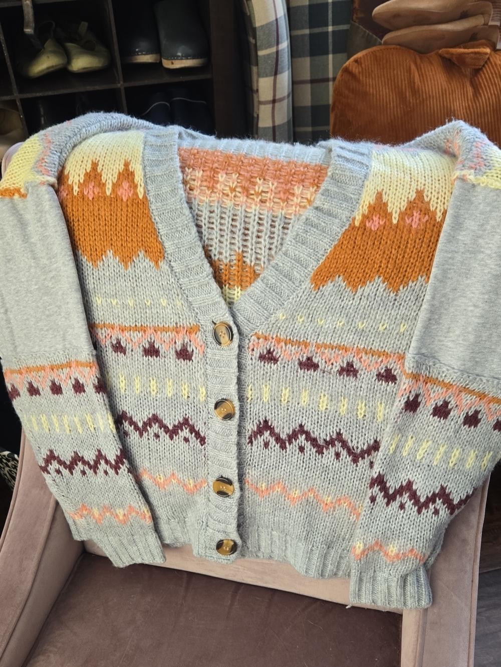 Women’s Light Gray Patterned Button-Up Sweater Cardigan